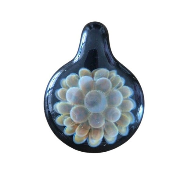 Handmade Glass Pendant with Encased Beige Flower | Art Glass Jewelry | Statement - Picture 1 of 4